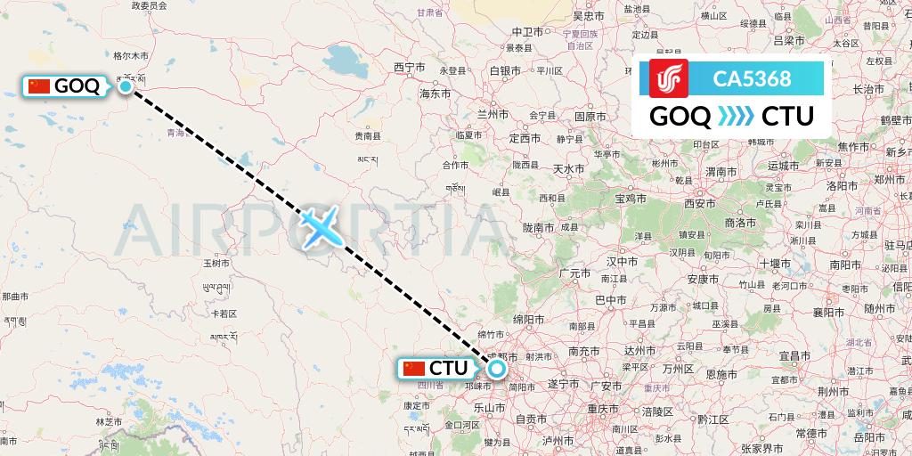 CA5368 Air China Flight Map: Golmud to Chengdu