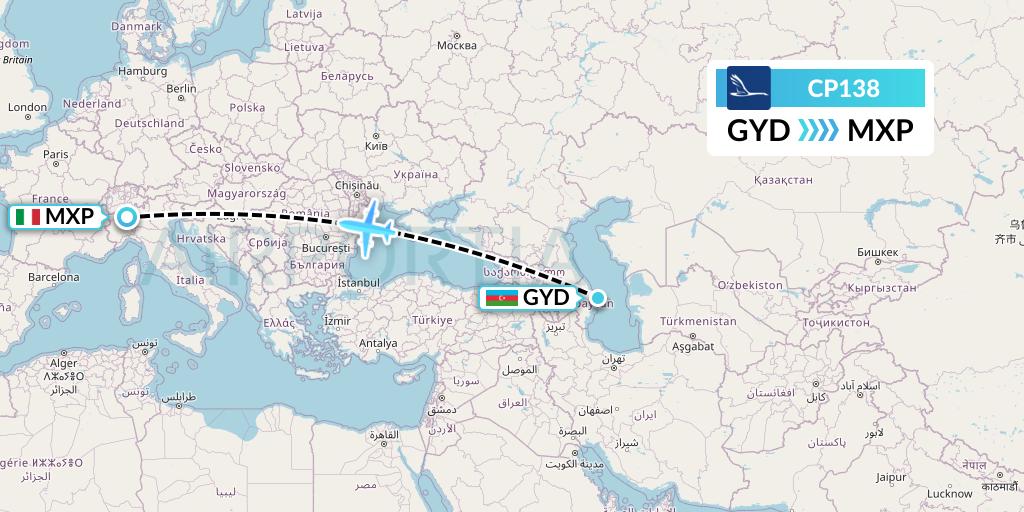 CP138 Compass Airlines Flight Map: Baku to Milan