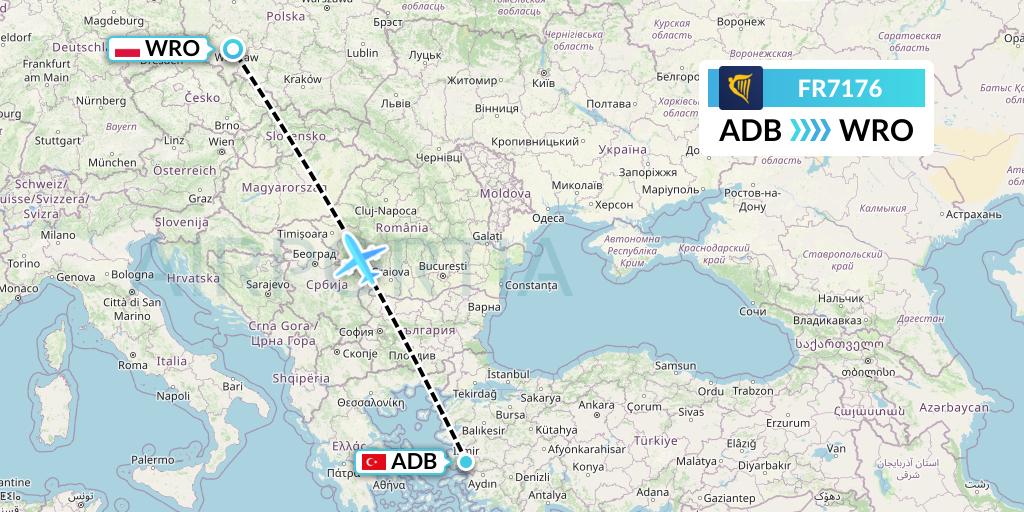 FR7176 Ryanair Flight Map: Izmir to Wroclaw