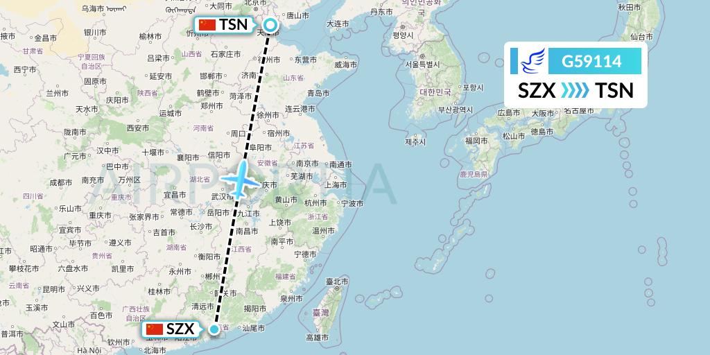 G59114 China Express Airlines Flight Map: Shenzhen to Tianjin