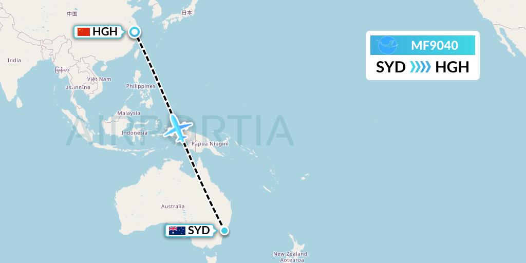 MF9040 Xiamen Airlines Flight Map: Sydney to Hangzhou