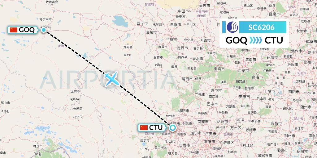 SC6206 Shandong Airlines Flight Map: Golmud to Chengdu