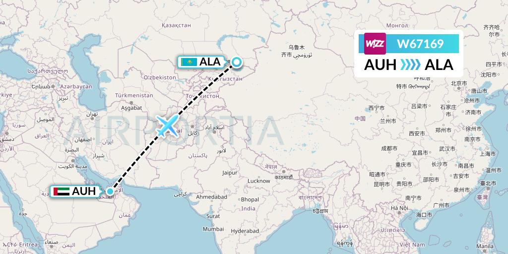 W67169 Wizz Air Flight Map: Abu Dhabi to Almaty