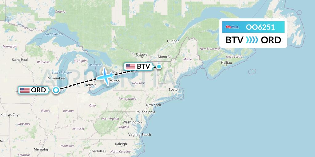 OO6251 SkyWest Airlines Flight Map: Burlington to Chicago