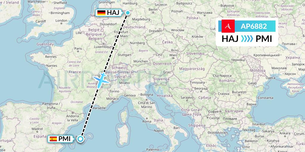 AP6882 AlbaStar Flight Map: Hannover to Palma de Mallorca