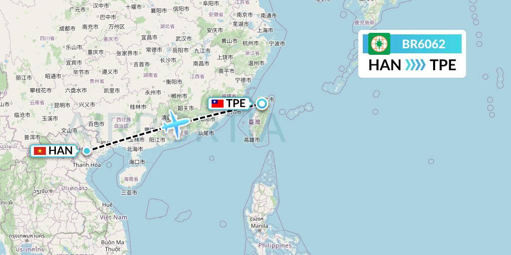 BR6062 EVA Air Flight Map: Hanoi to Taipei