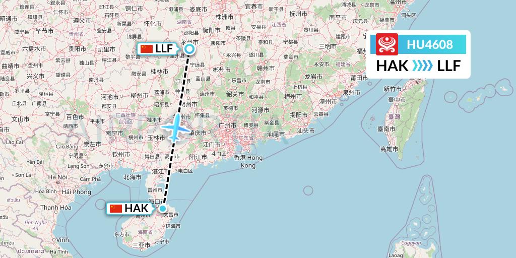 HU4608 Hainan Airlines Flight Map: Haikou to Yongzhou