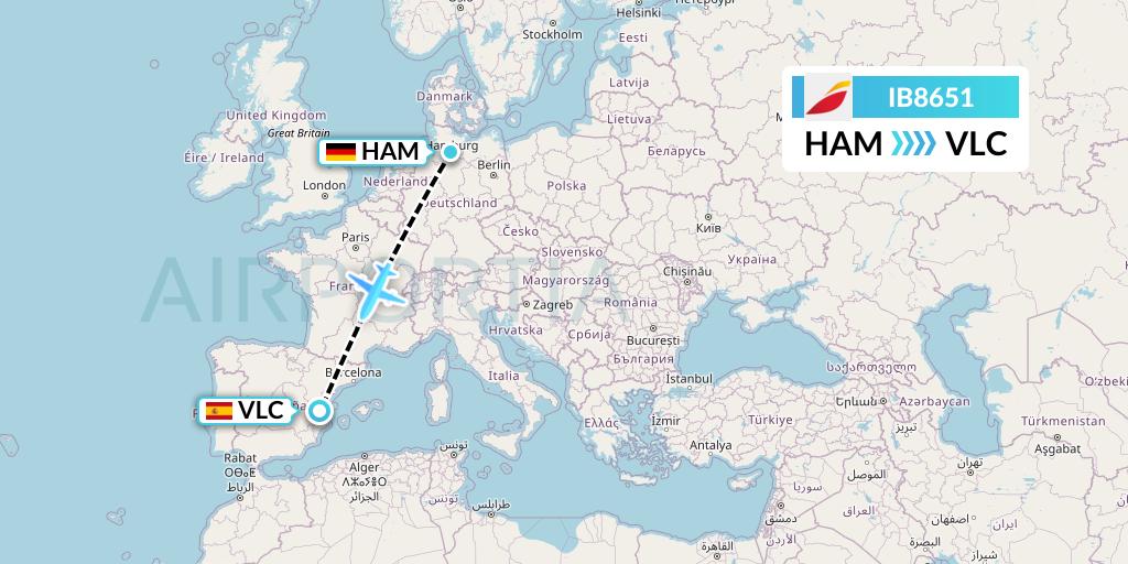 IB8651 Iberia Flight Map: Hamburg to Valencia