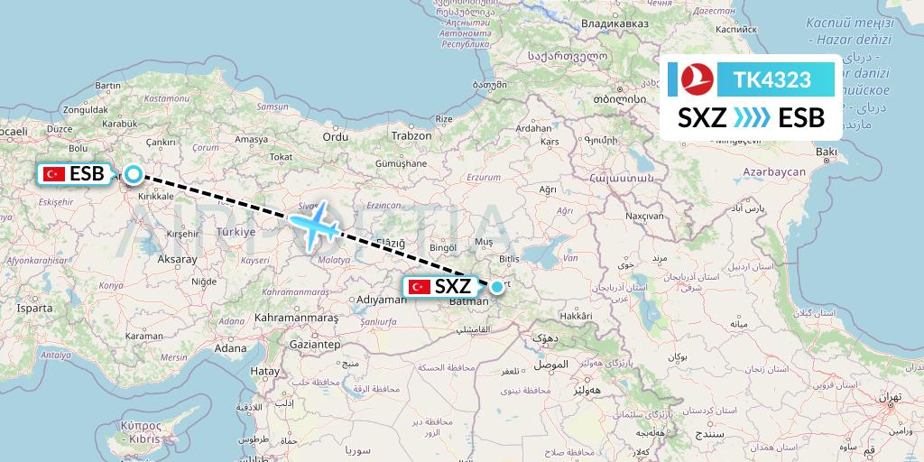 TK4323 Turkish Airlines Flight Map: Siirt to Ankara