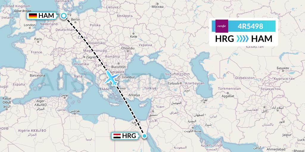 4R5498 Northern Thurderbird Air Flight Map: Hurghada to Hamburg