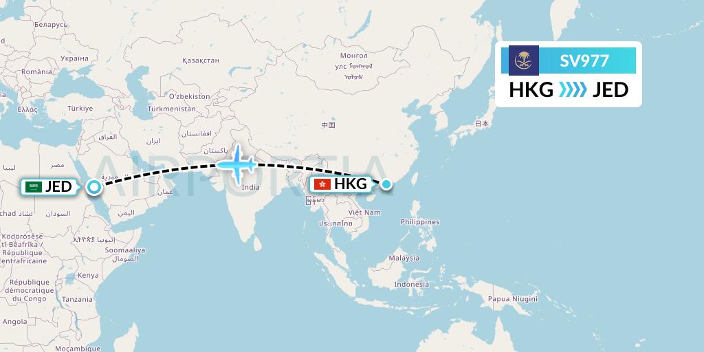 SV977 Saudi Arabian Airlines Flight Map: Hong Kong to Jeddah