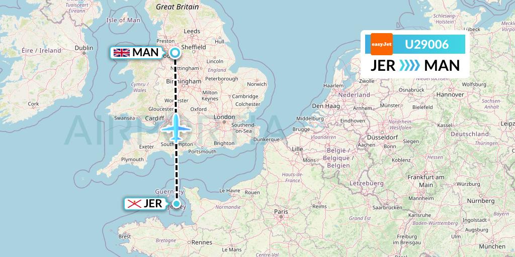 U29006 EasyJet Flight Map: Jersey to Manchester