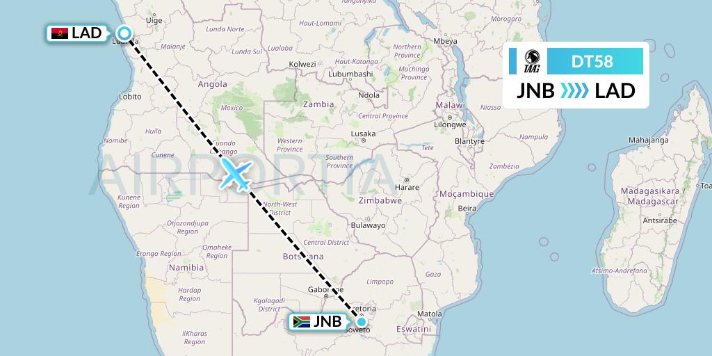 DT58 TAAG Angola Airlines Flight Map: Johannesburg to Luanda