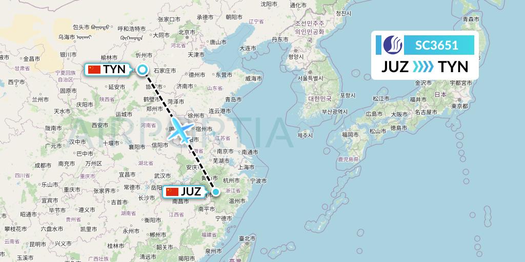 SC3651 Shandong Airlines Flight Map: Quzhou to Taiyuan