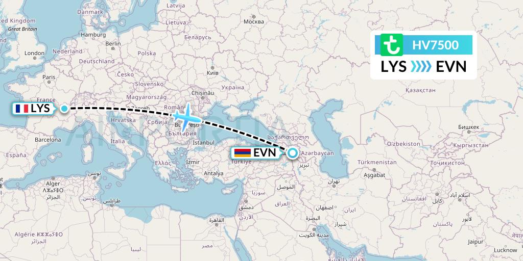 HV7500 Transavia Flight Map: Lyon to Yerevan