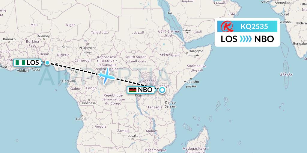 KQ2535 Kenya Airways Flight Map: Lagos to Nairobi