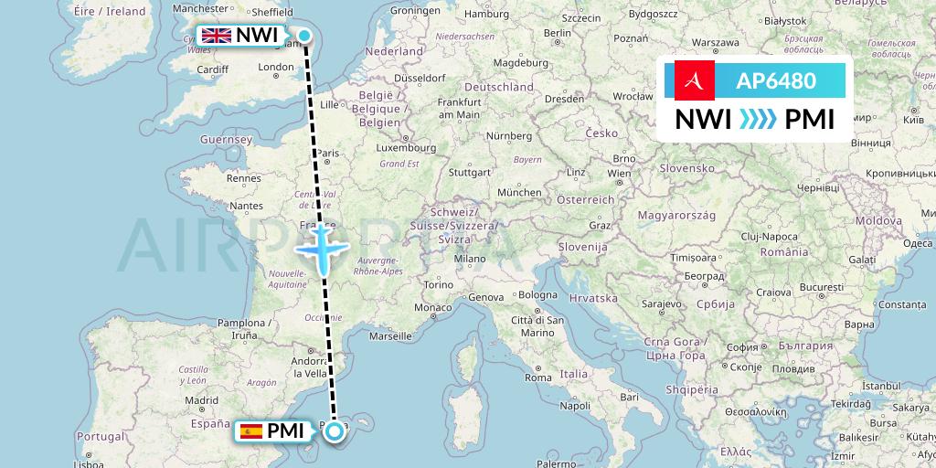 AP6480 AlbaStar Flight Map: Norwich to Palma de Mallorca