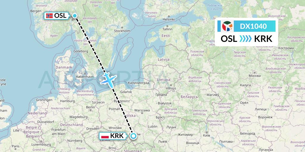 DX1040 Danish Air Transport Flight Map: Oslo to Krakow