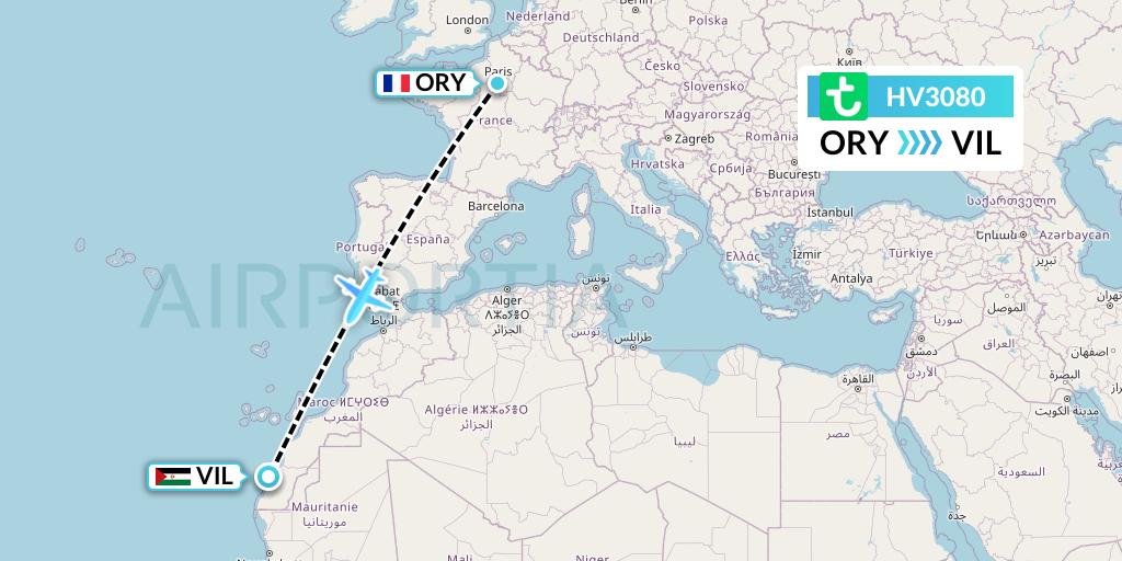 HV3080 Transavia Flight Map: Paris to Dakhla