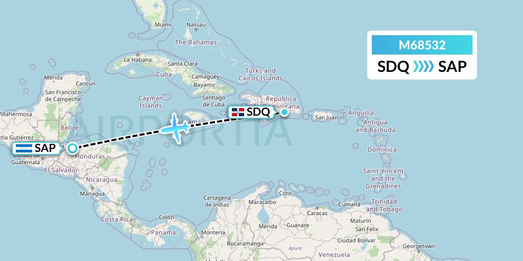 M68532 Amerijet International Flight Map: Santo Domingo to San Pedro Sula