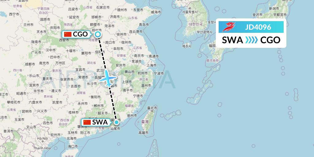 JD4096 Capital Airlines Flight Map: Jieyang to Zhengzhou