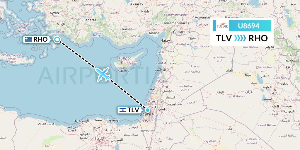 U8694 Tus Airways Flight Map: Tel Aviv to Rhodes