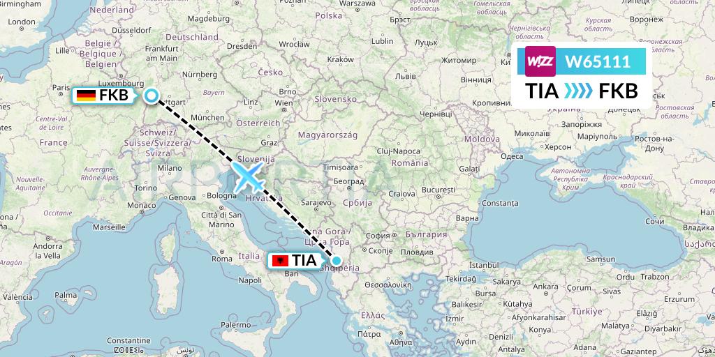 W65111 Wizz Air Flight Map: Tirana to Karlsruhe/Baden-Baden