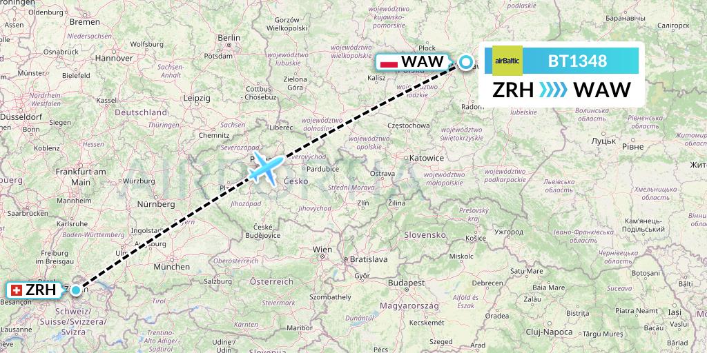BT1348 Air Baltic Flight Map: Zurich to Warsaw