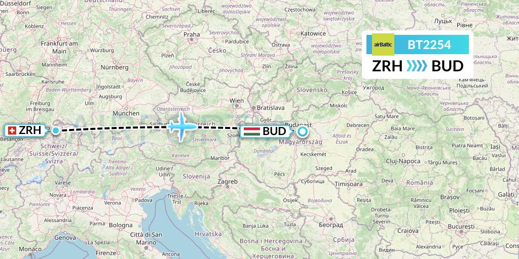 BT2254 Air Baltic Flight Map: Zurich to Budapest