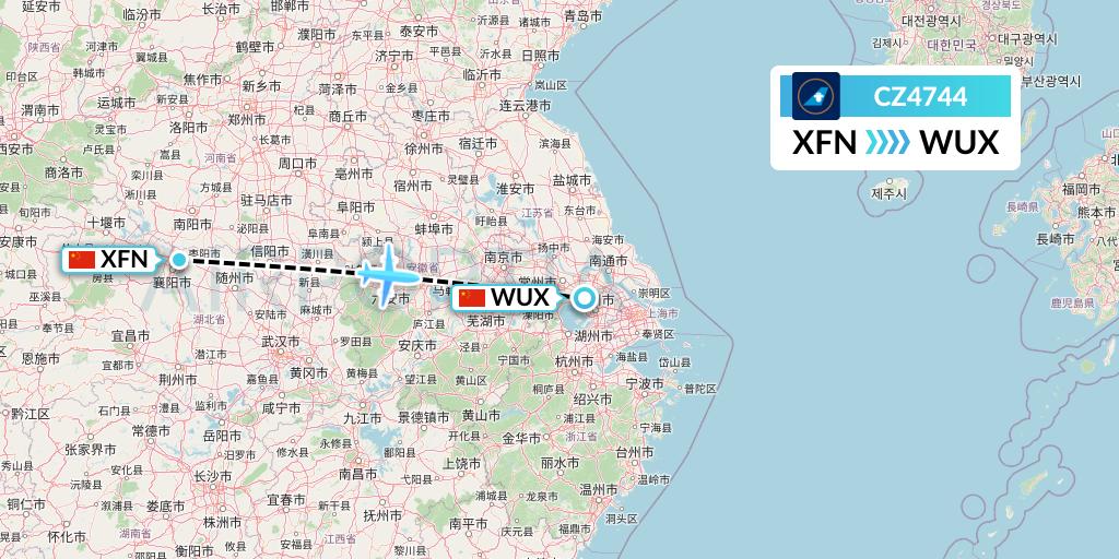 CZ4744 China Southern Airlines Flight Map: Xiangyang to Wuxi