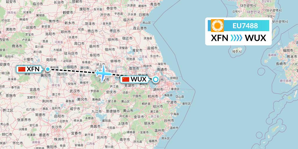 EU7488 Chengdu Airlines Flight Map: Xiangyang to Wuxi