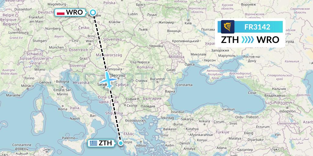 FR3142 Ryanair Flight Map: Zakynthos to Wroclaw