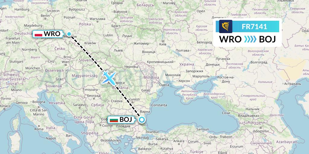 FR7141 Ryanair Flight Map: Wroclaw to Burgas