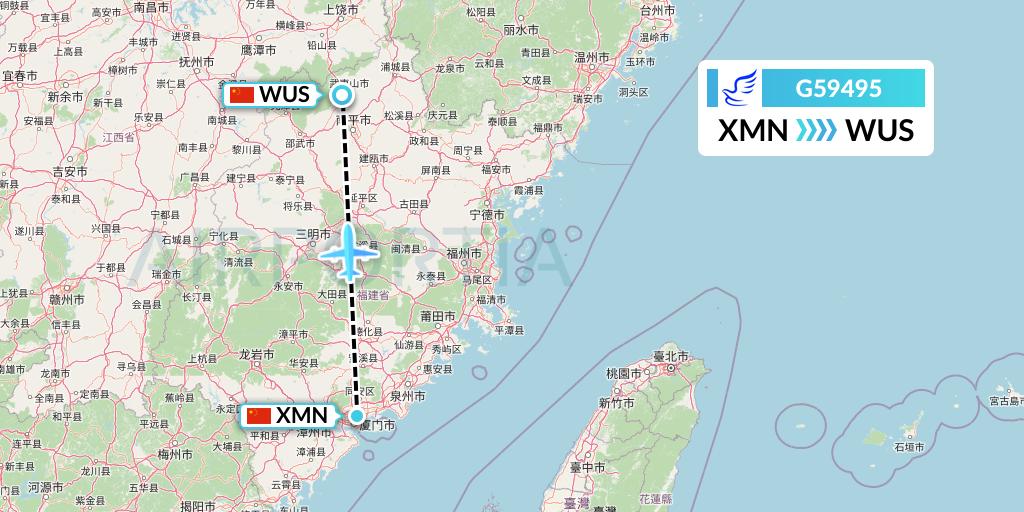 G59495 China Express Airlines Flight Map: Xiamen to Wuyishan