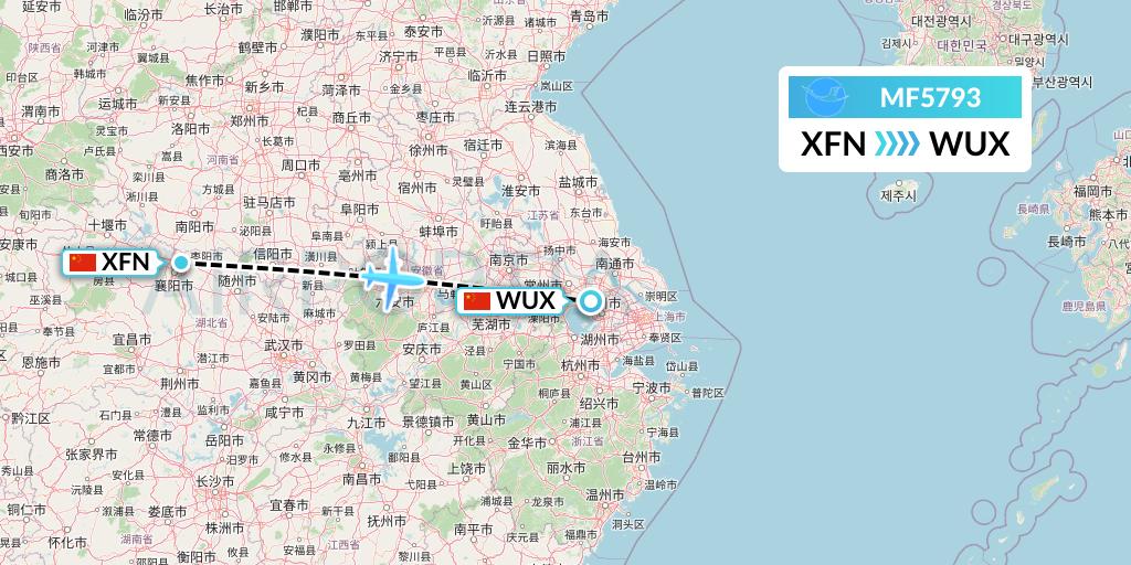 MF5793 Xiamen Airlines Flight Map: Xiangyang to Wuxi