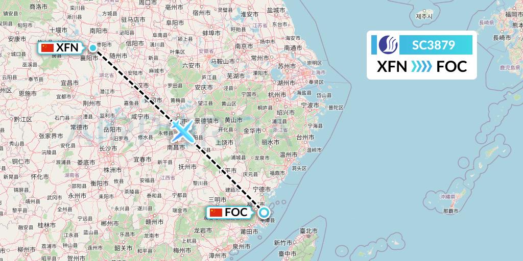 SC3879 Shandong Airlines Flight Map: Xiangyang to Fuzhou