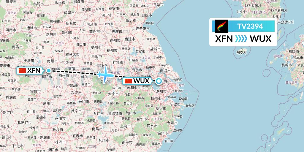TV2394 Tibet Airlines Flight Map: Xiangyang to Wuxi