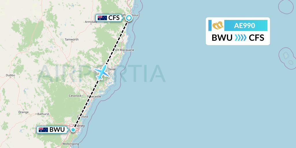 AE990 Mandarin Airlines Flight Map: Bankstown to Coffs Harbour