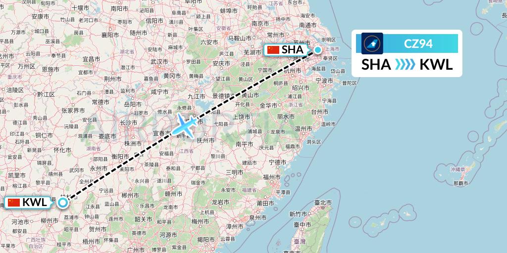 CZ94 China Southern Airlines Flight Map: Shanghai to Guilin