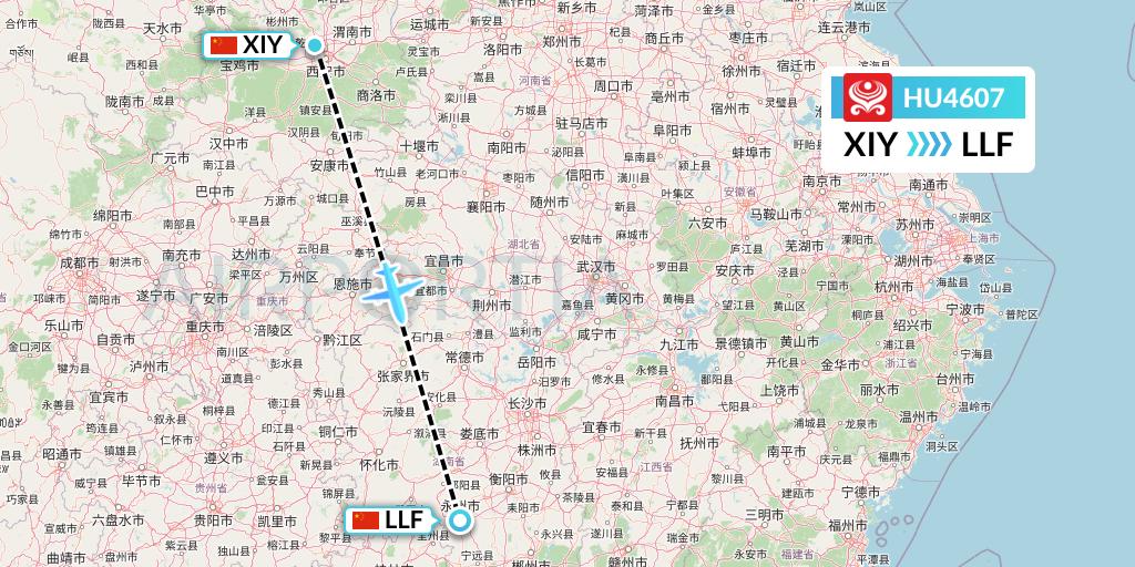 HU4607 Hainan Airlines Flight Map: Xi'an to Yongzhou