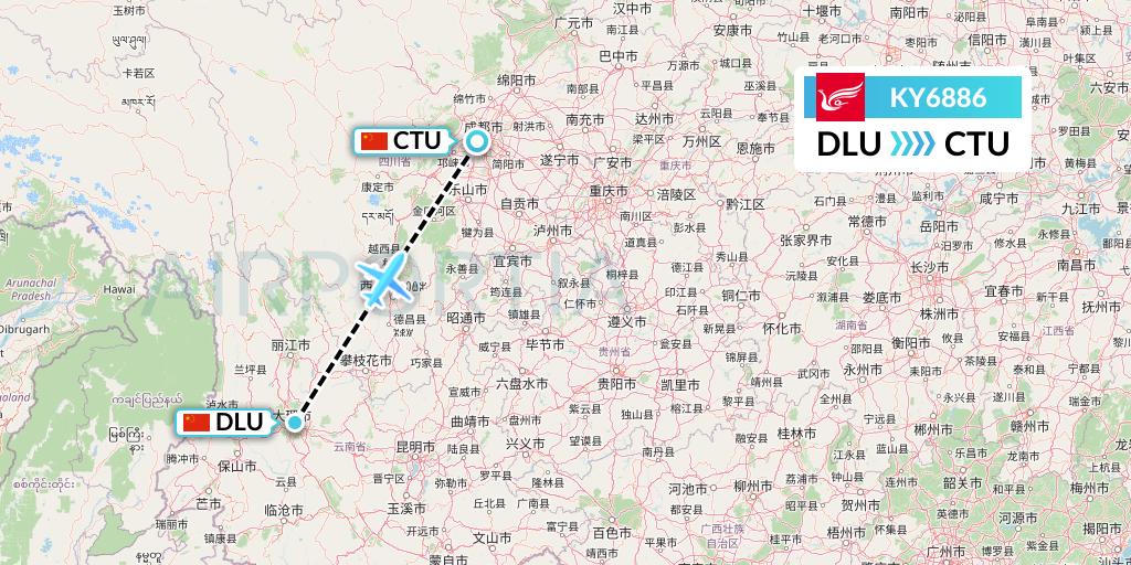 KY6886 Kunming Airlines Flight Map: Dali to Chengdu