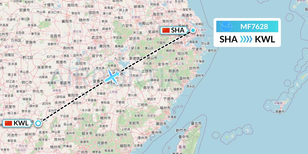 MF7628 Xiamen Airlines Flight Map: Shanghai to Guilin