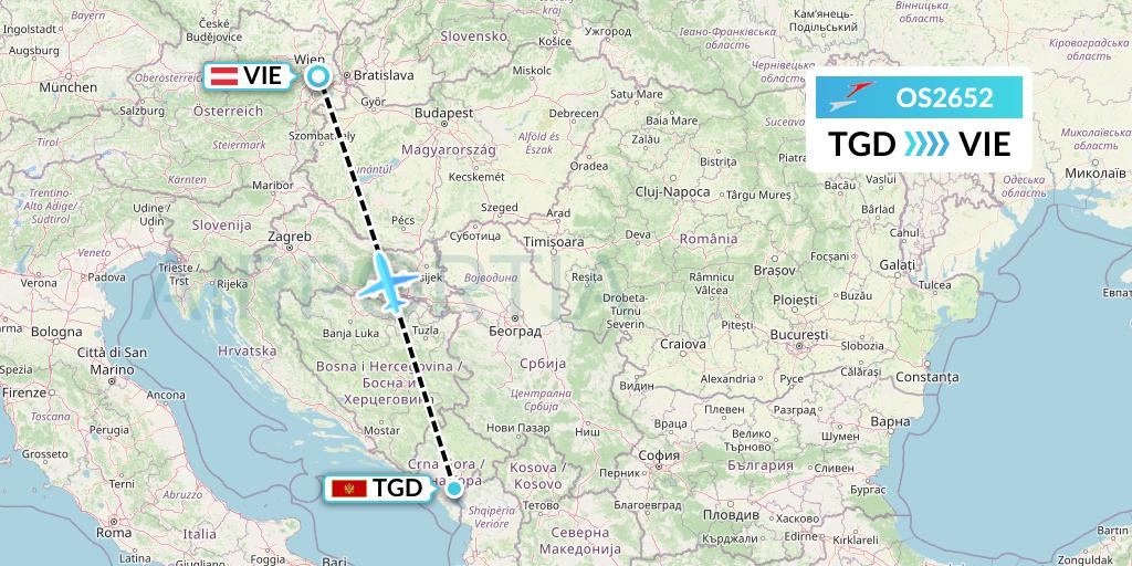 OS2652 Austrian Airlines Flight Map: Podgorica to Vienna