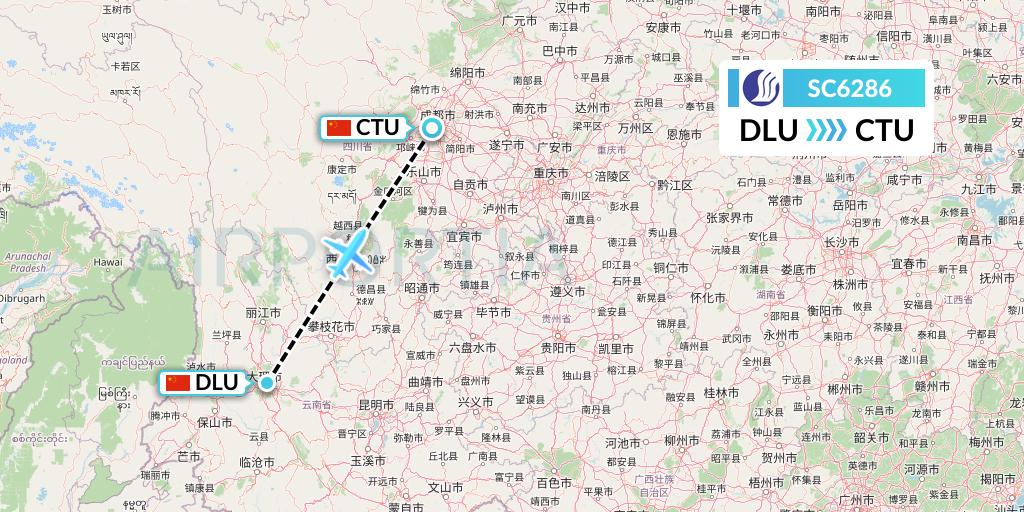 SC6286 Shandong Airlines Flight Map: Dali to Chengdu
