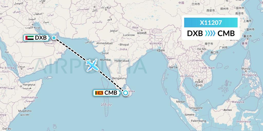 X11207 Nik Airways Flight Map: Dubai to Colombo