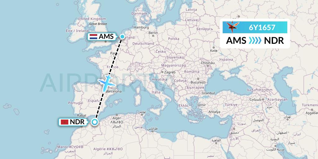 6Y1657 SmartLynx Flight Map: Amsterdam to Nador