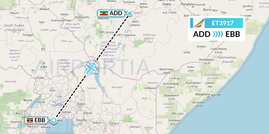 ET3917 Ethiopian Airlines Flight Map: Addis Ababa to Entebbe