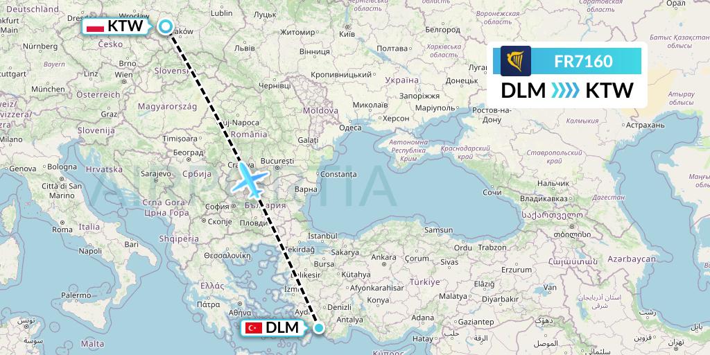FR7160 Ryanair Flight Map: Dalaman to Katowice