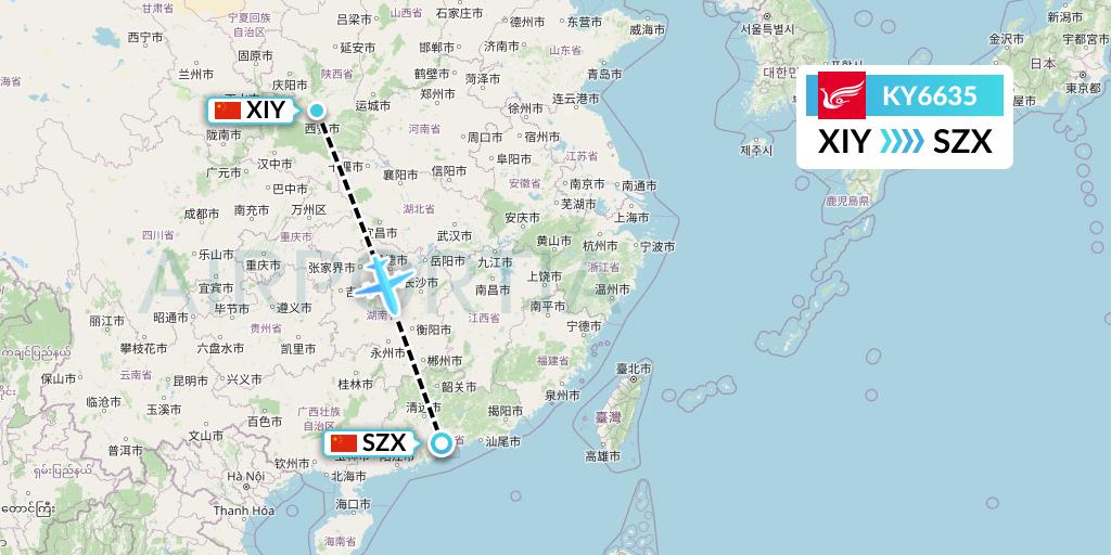 KY6635 Kunming Airlines Flight Map: Xi'an to Shenzhen