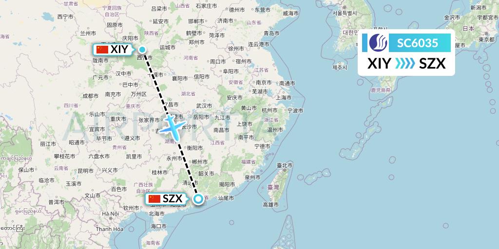 SC6035 Shandong Airlines Flight Map: Xi'an to Shenzhen